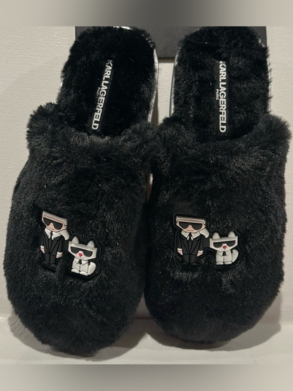 Karl Lagerfeld Black Faux Fur Slippers with Cartoon Karl & Cat Charms